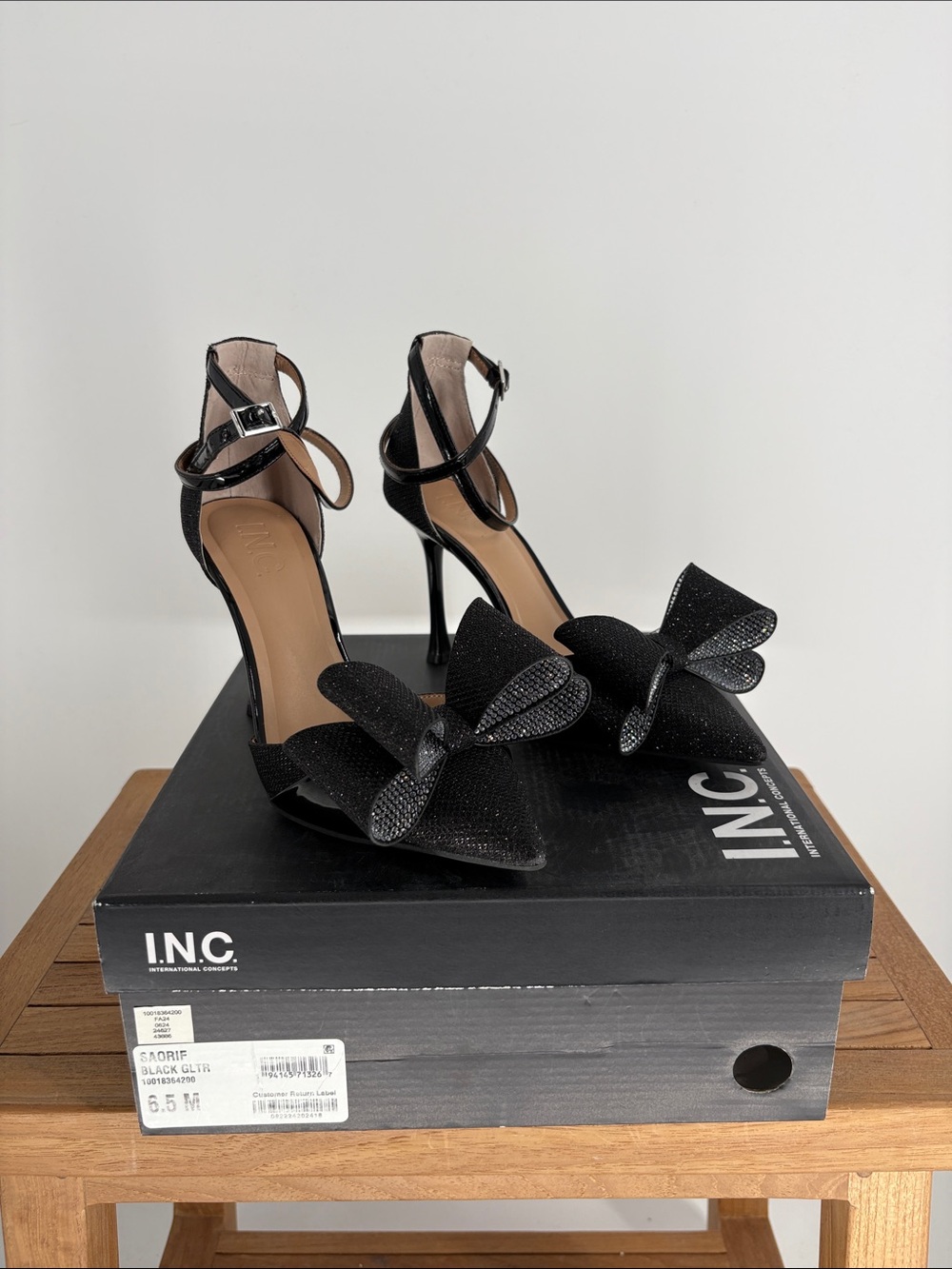 New INC International Concepts Black Bow Embellished Ankle-Strap Heels size 6.5M